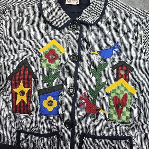 Vintage Folk Art Quilted Jacket Birdhouse Applique Gingham Large - Picture 4 of 14